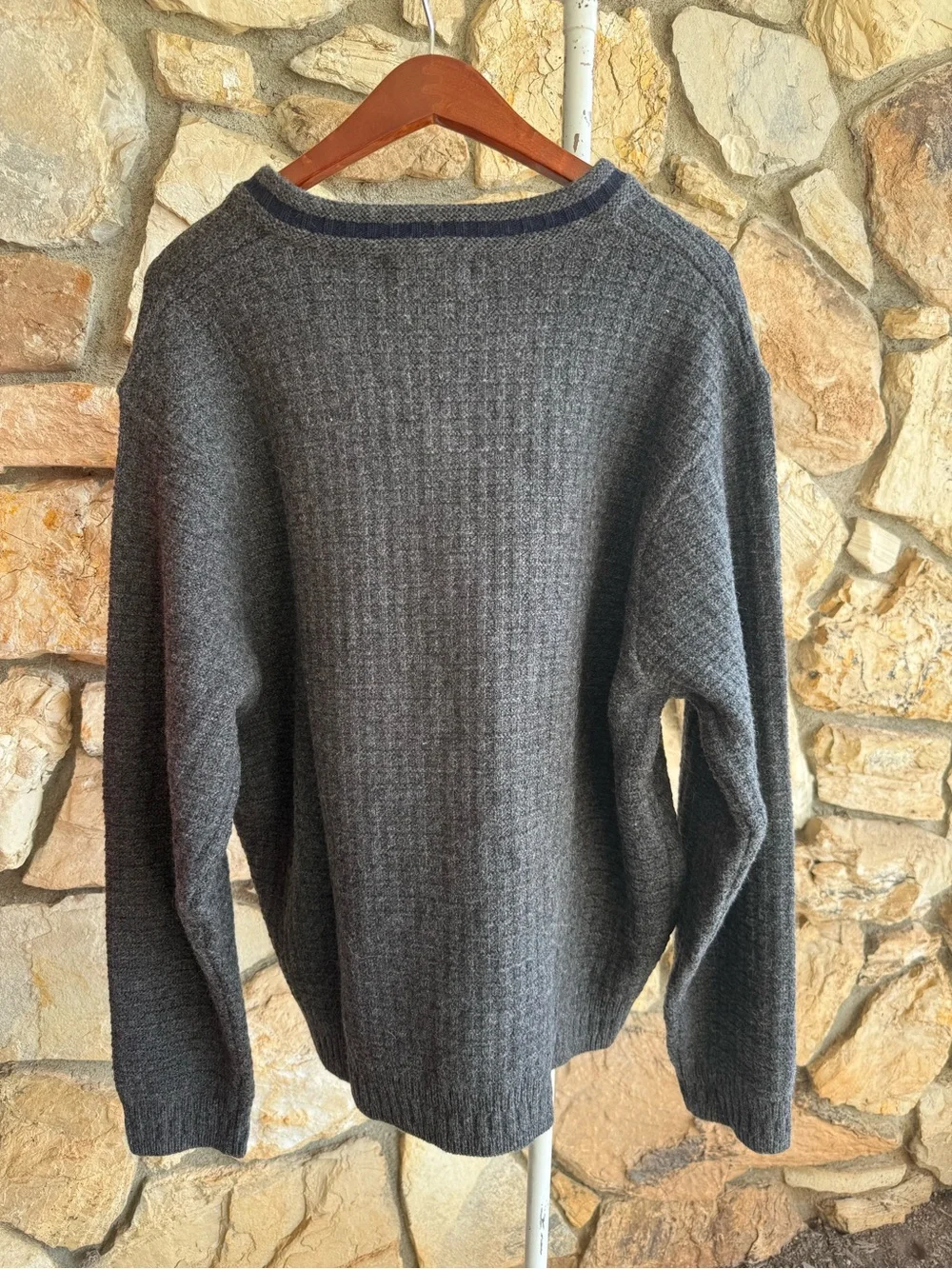 Vintage Polo Ralph Lauren XXL 100% Wool Gray V-Neck Sweater Navy Trim